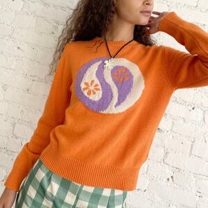 Gigamus Paisley Peace Yin Yang Orange Sweater Purple Wool Cashmere Long Sleeve S